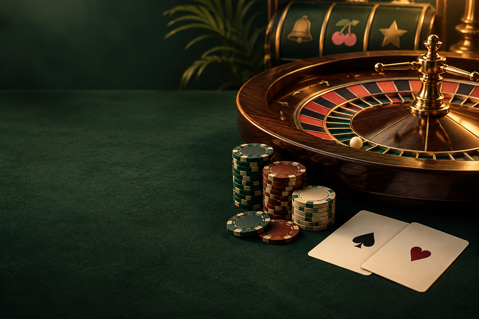 Ilustrasi meja roulette, kartu dan cip kasino dalam cahaya tembaga